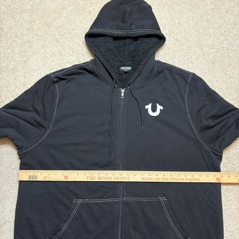 True Religion Hoodie Sweatshirt Mens 3XL Black Logo Seal Sherpa Full Zip Buddha